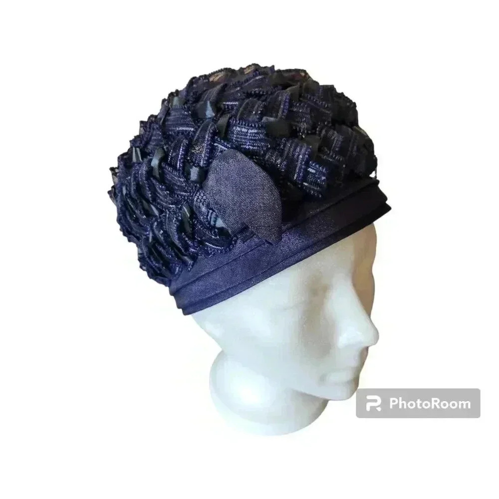 Vintage 50s 60s Lady Beatrice Woven Raffia and Grosgrain Turban Style Hat